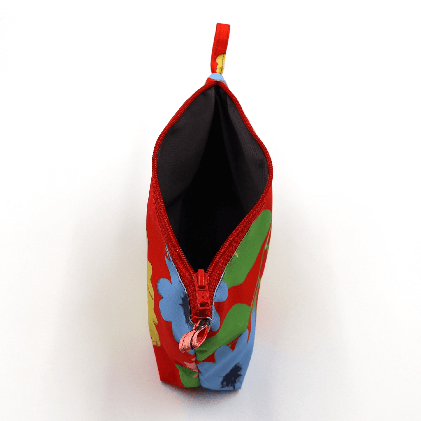 Ellie B Red Darling Makeup Bag with colorful floral print, zipped closure, and durable interior, easy to clean.