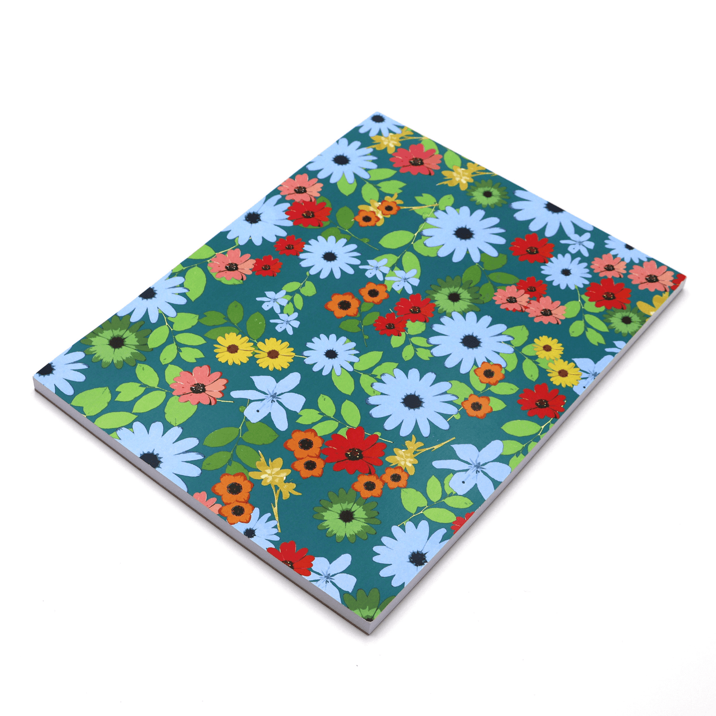 A4 Sketchpad in bright daisy floral design on a blue background. Side binding.