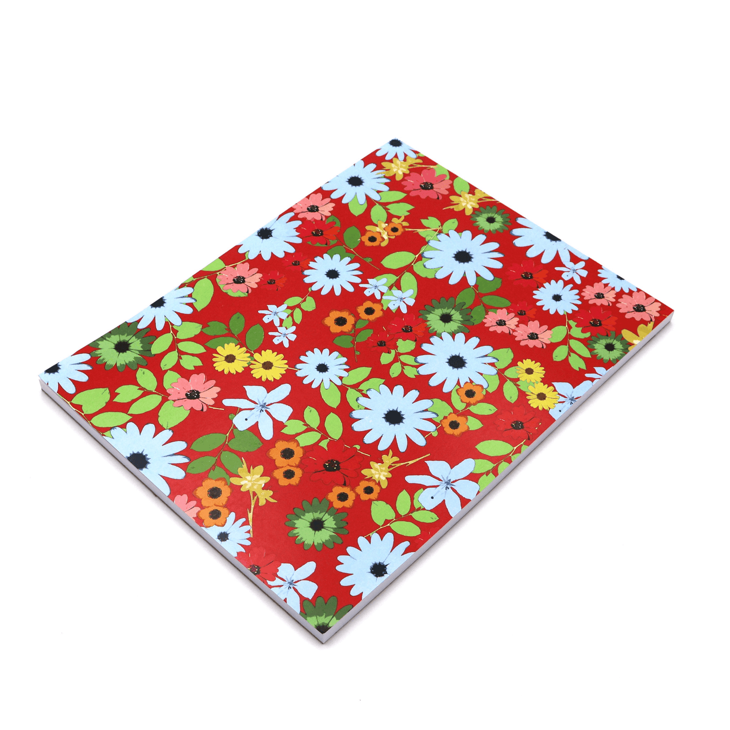 A4 sketchpad with bright daisy floral design on a red background. Top binding.