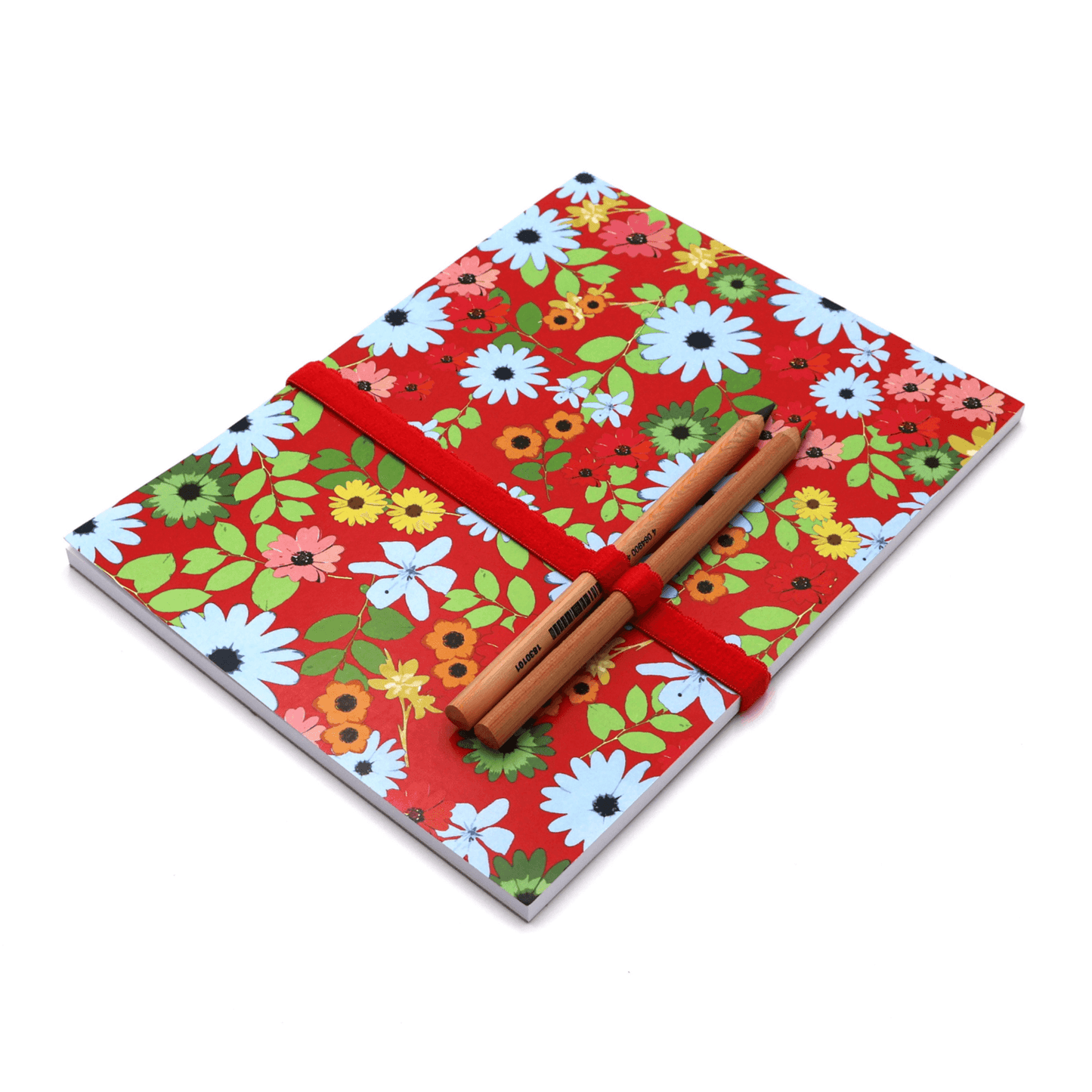 A4 sketchpad with pencils and pencil holder, with bright daisy floral design on a red background. Top binding.