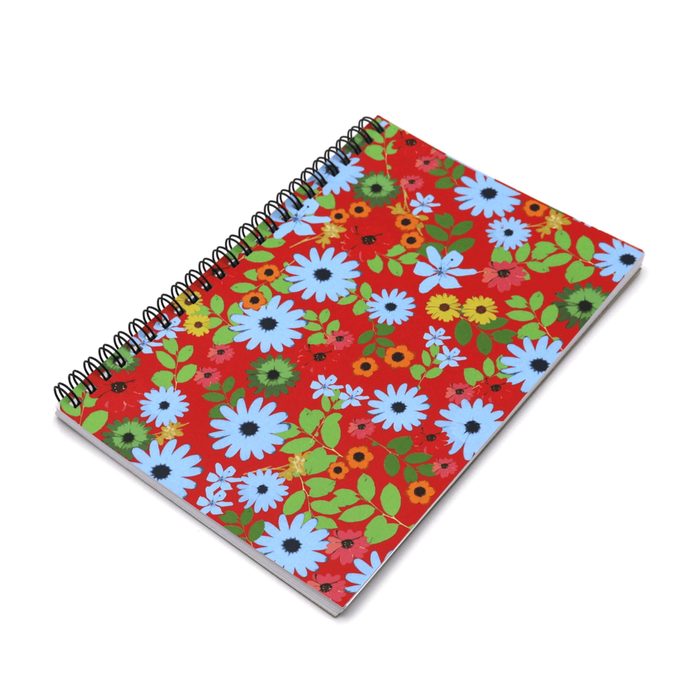 A5 Journal with bright daisy floral design on a red background. Side wire binding.
