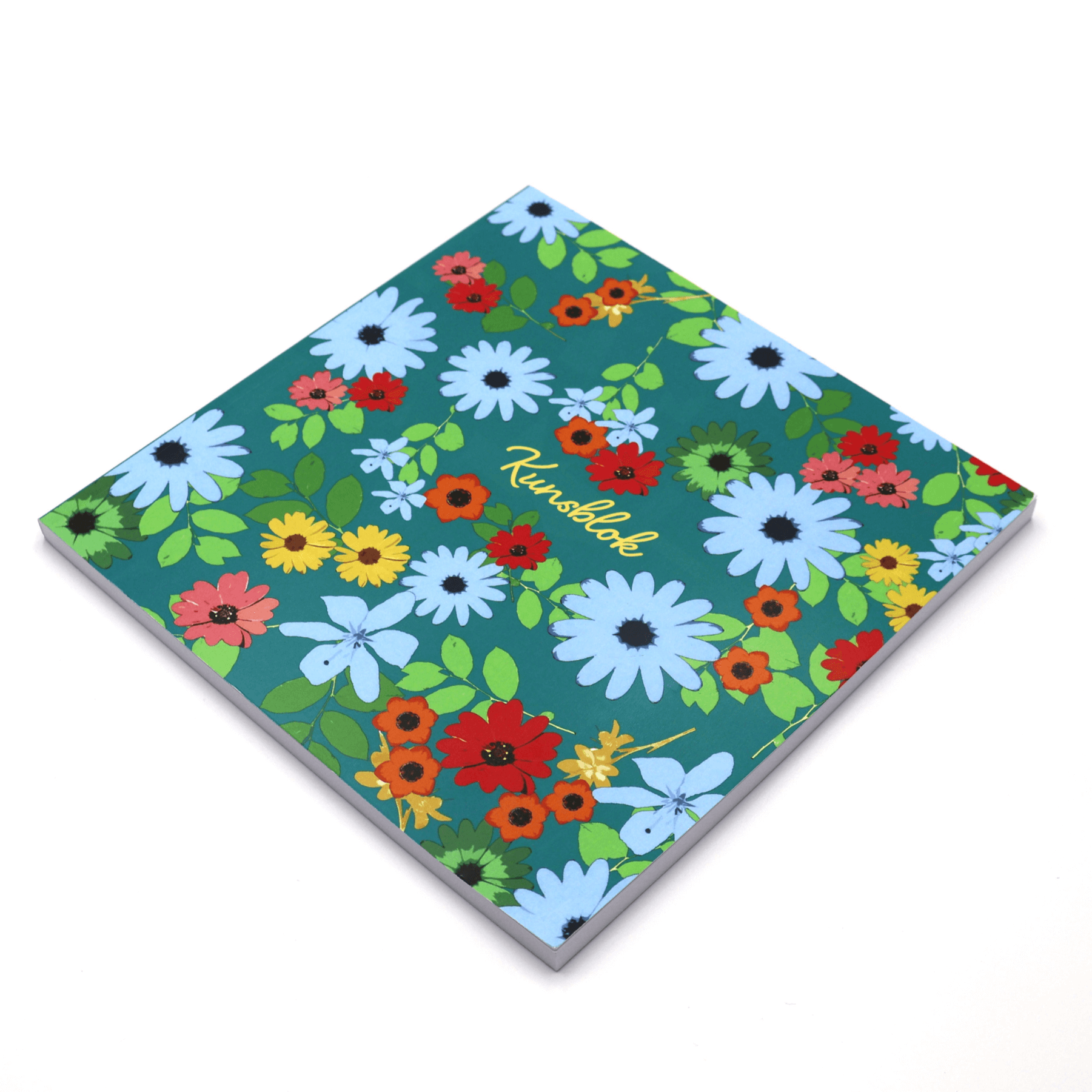 Square art pad in bright daisy floral design on a blue background. Side binding.