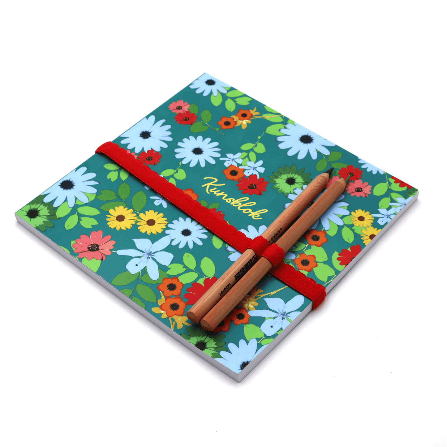 Square art pad with pencils and pencil holder in bright daisy floral design on a blue background. Side binding.