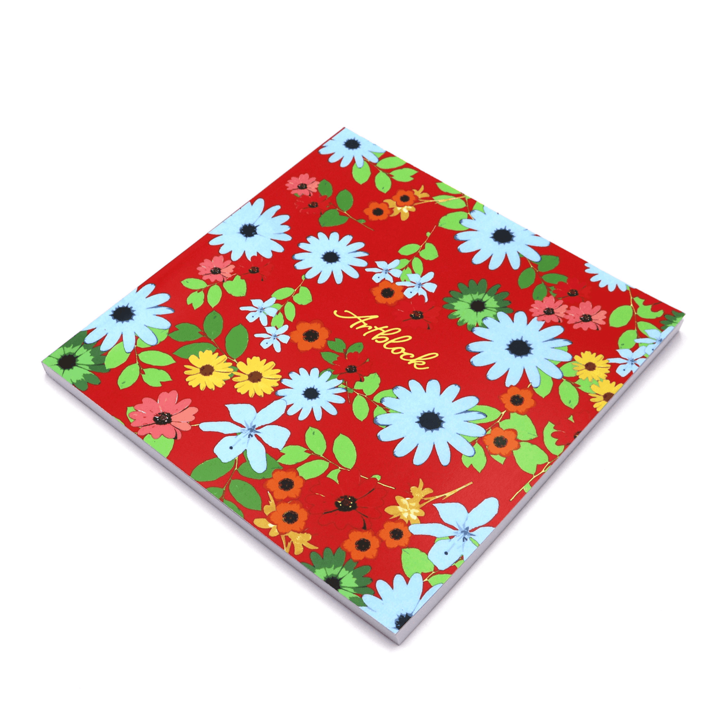 Square art pad with bright daisy floral design on a red background. Side binding.