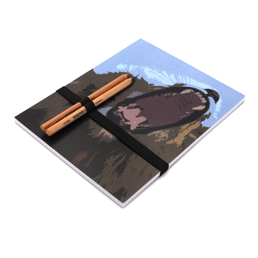 A4 sketchpad with pencils and pencil holder with face of yawning lion on a blue background.