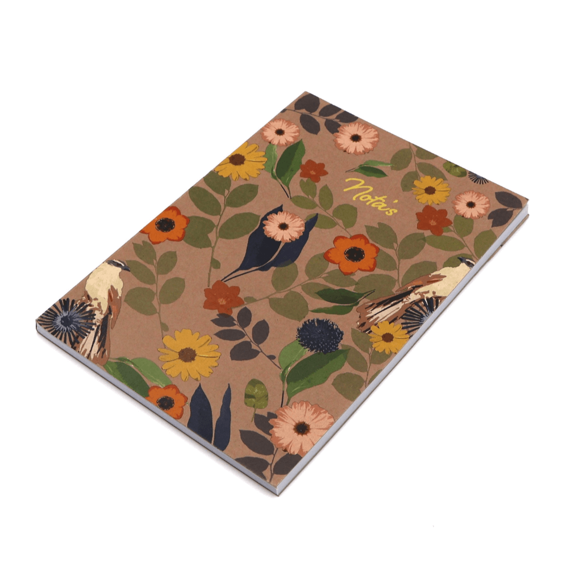 A5 journal with daisy floral design on brown background. Side binding.