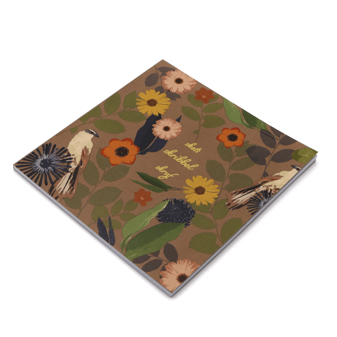 Square art pad with daisy floral design on brown background. Side binding.