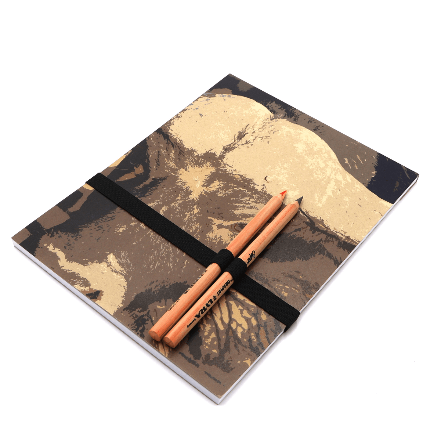 A4 sketchpad with pencils and pencil holder with buffalo face in brown and ivory on cover.