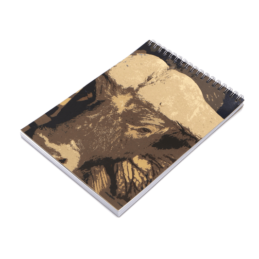 A5 journal with buffalo face in brown and ivory on cover.