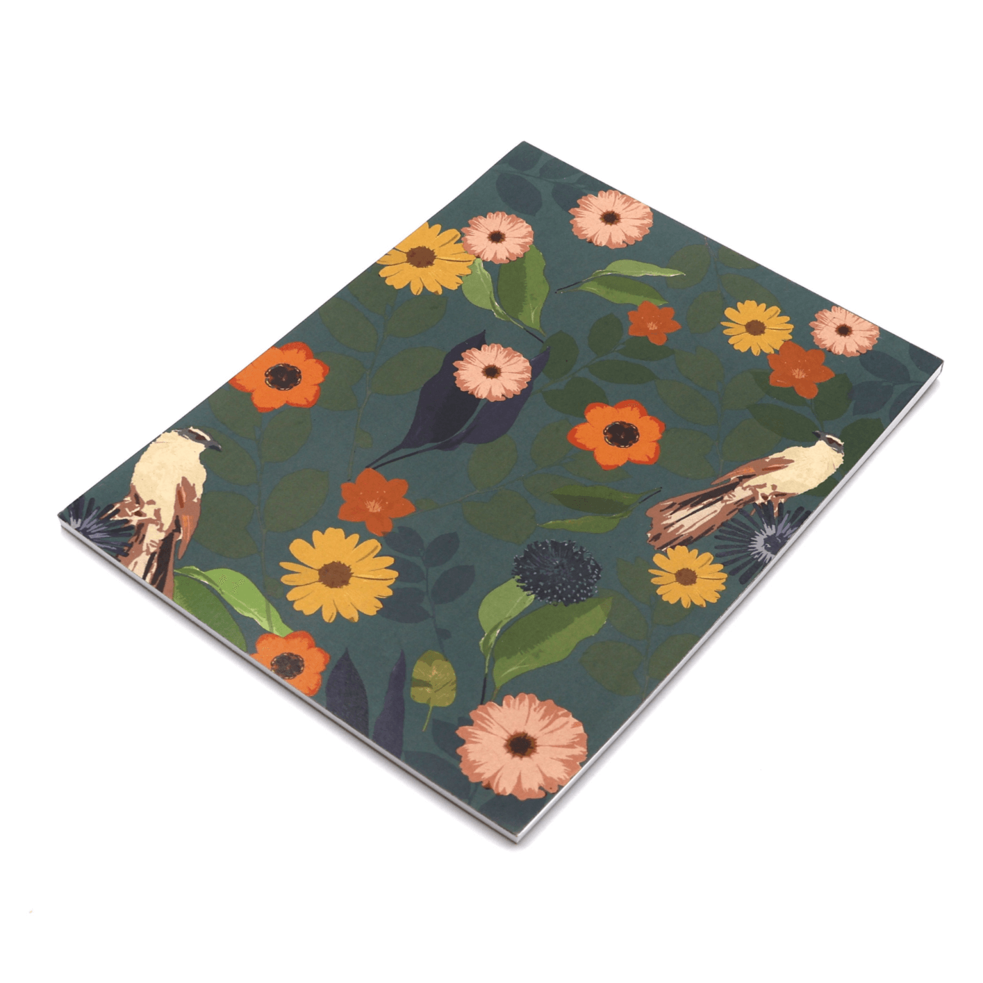A4 Sketchpad with bright daisy floral design on dark green background.