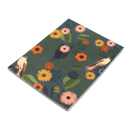 A4 Sketchpad with bright daisy floral design on dark green background.