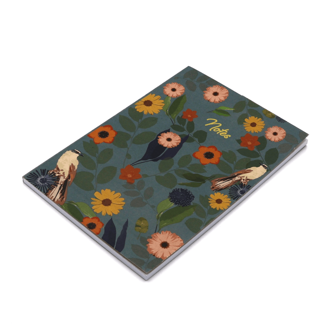 A5 Journal with bright daisy floral design on dark green background.