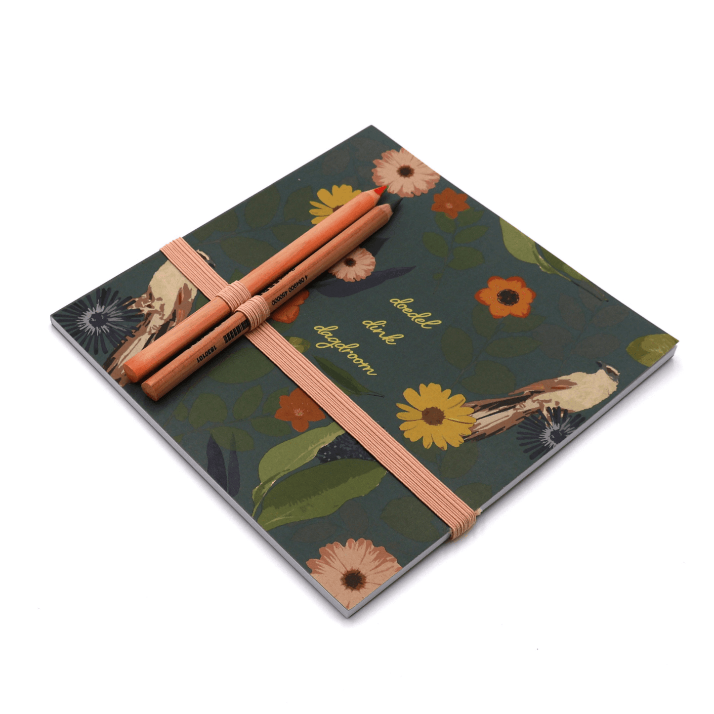 Square art pad with pencils and pencil holder with bright daisy floral design on dark green background.