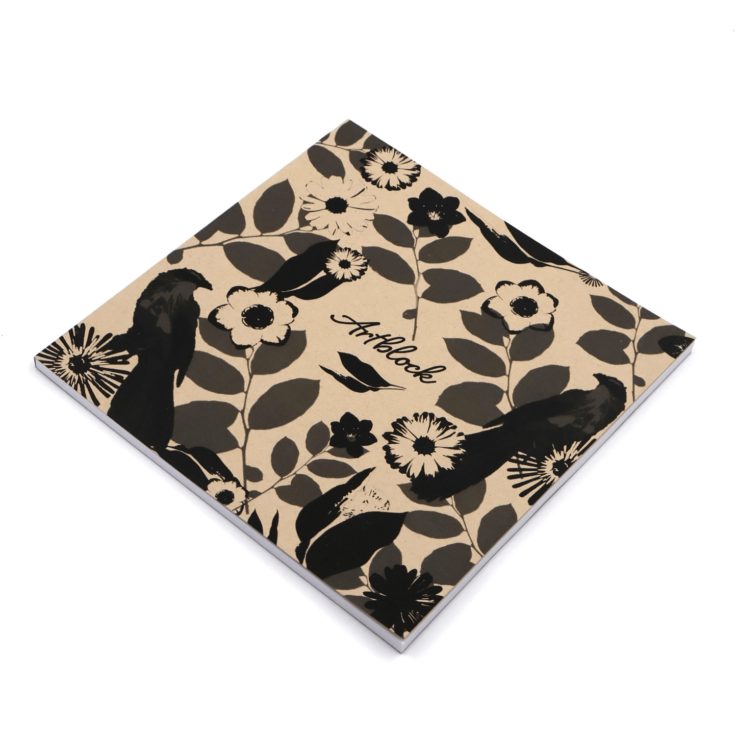 Square art pad with daisy floral design in black on a beige sand background.