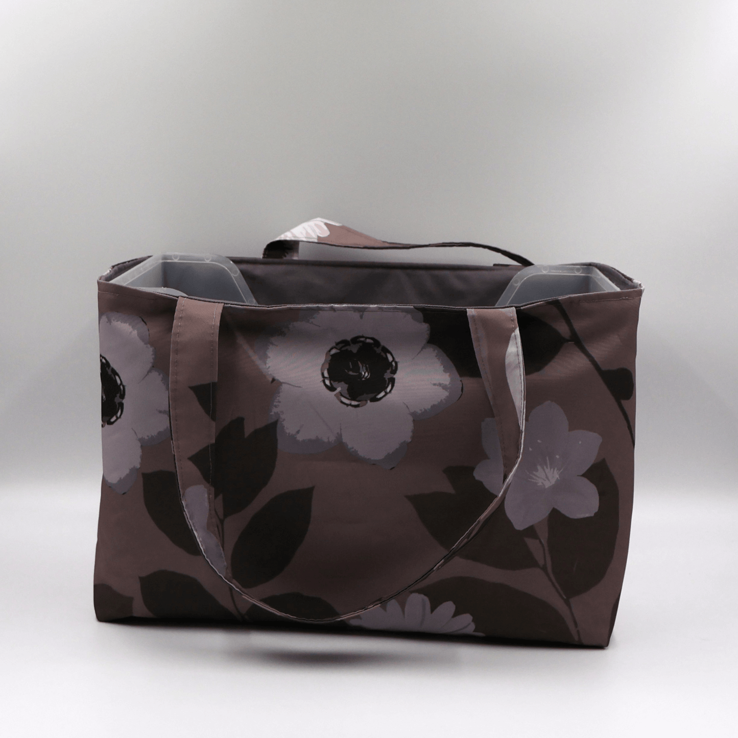 Large Teacher/book bag with light grey and mauve floral design on a dark mauve background. Carry books and crafts.