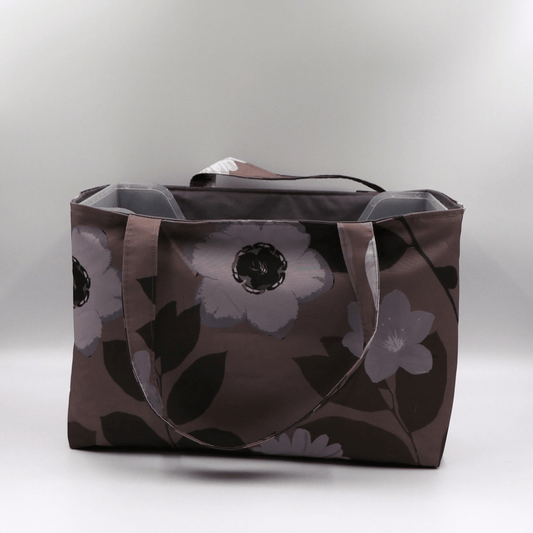 Large Teacher/book bag with light grey and mauve floral design on a dark mauve background. Carry books and crafts.