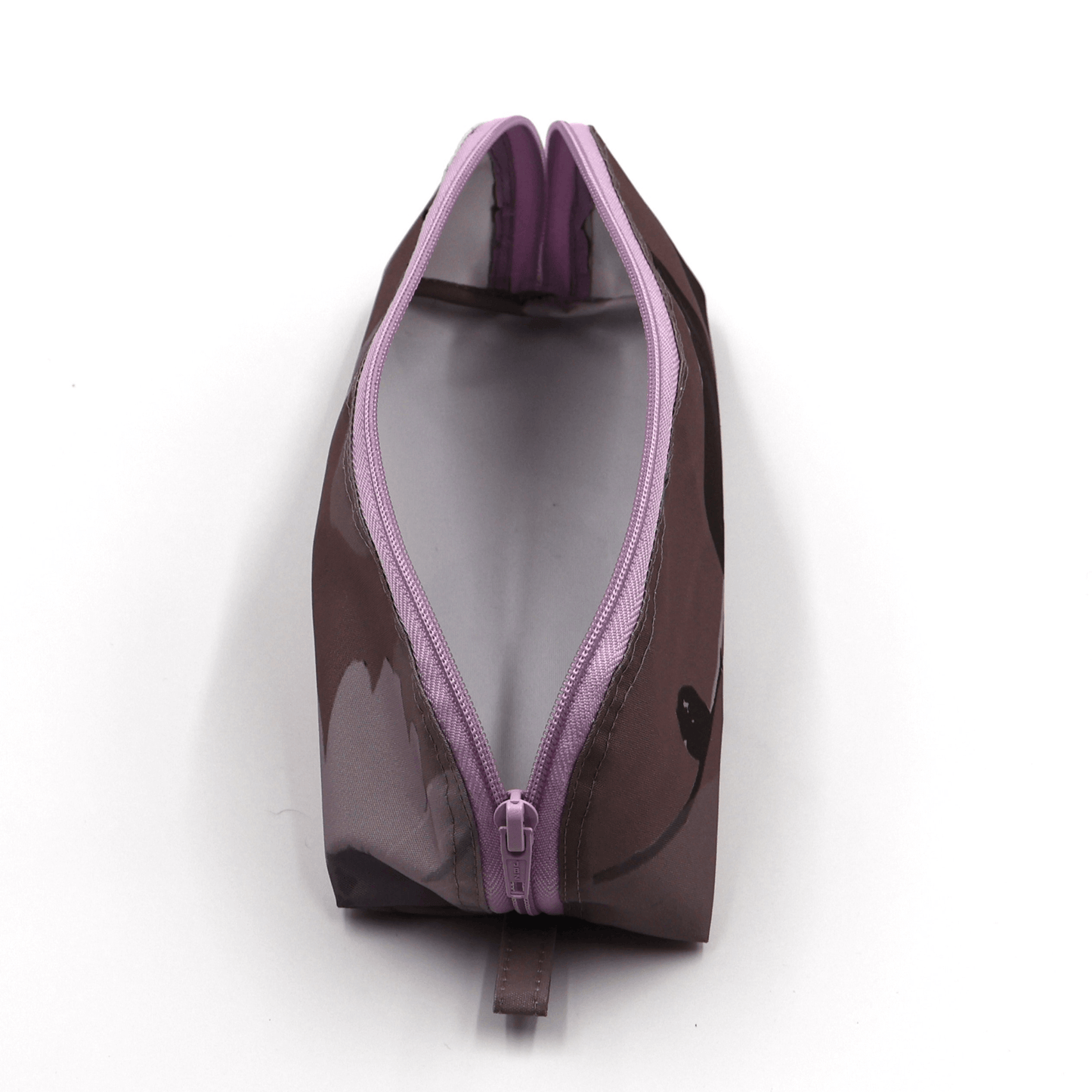 Pencil bag in soft mauve and dark grey daisy floral design on dark mauve background. Inside view.