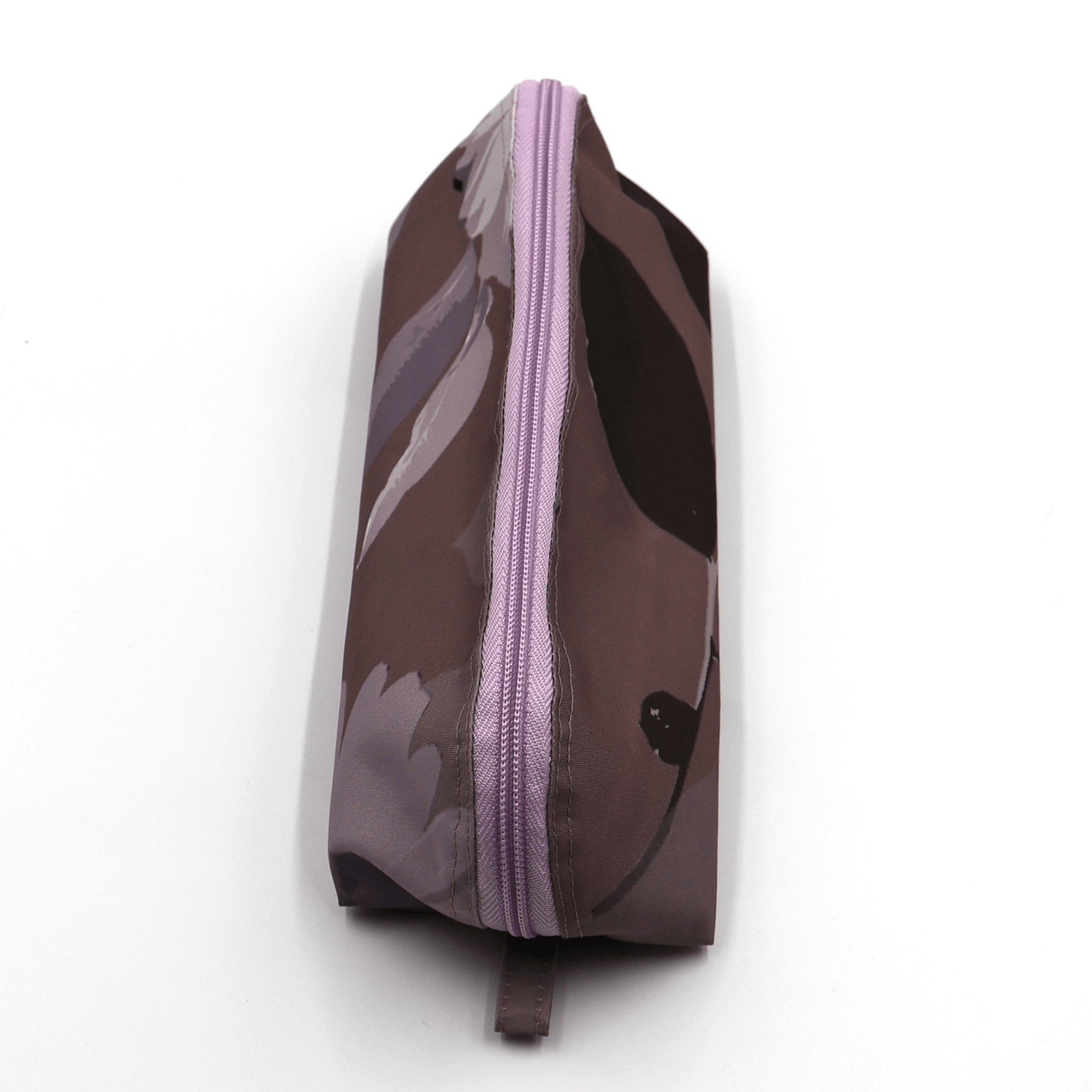 Pencil bag in soft mauve and dark grey daisy floral design on dark mauve background. Closed zipper.