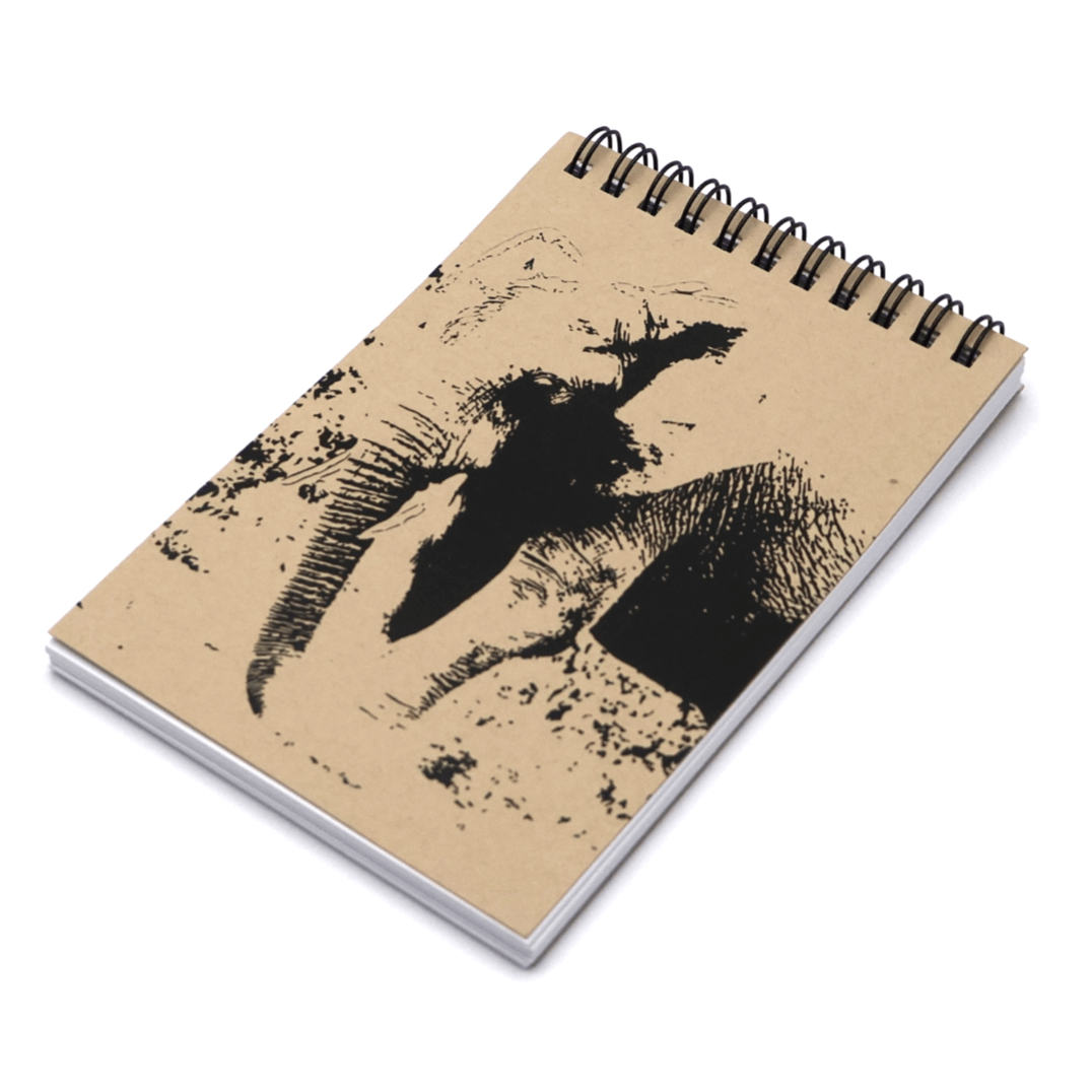 A6 Notebook with adult elephant design on a beige/sand background. Top wire binding.