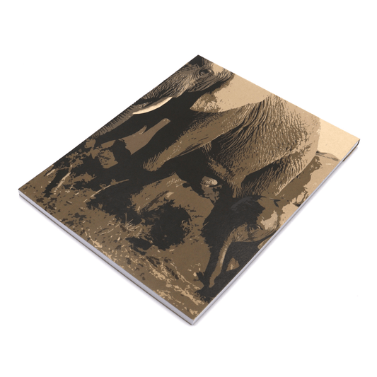 A4 Sketchpad with elephant family design in brown on a beige/sand background.