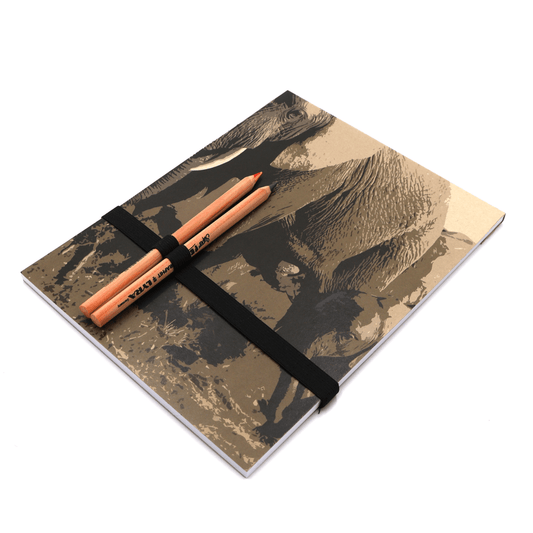 A4 Sketchpad with pencils and pencil holder with elephant family design in brown on a beige/sand background