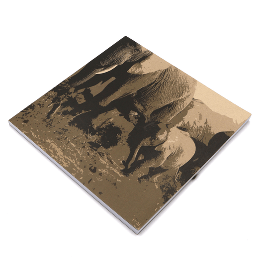 Square art pad with elephant family design in brown on a beige/sand background.