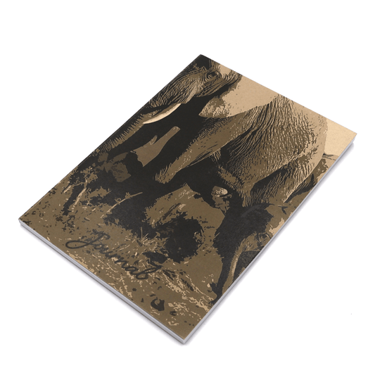 A5 Journal with elephant family design in brown on a beige/sand background