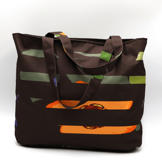 Shoulder bag with bright stripe/floral daisy design on a black background. Perfect for carrying books and documents.