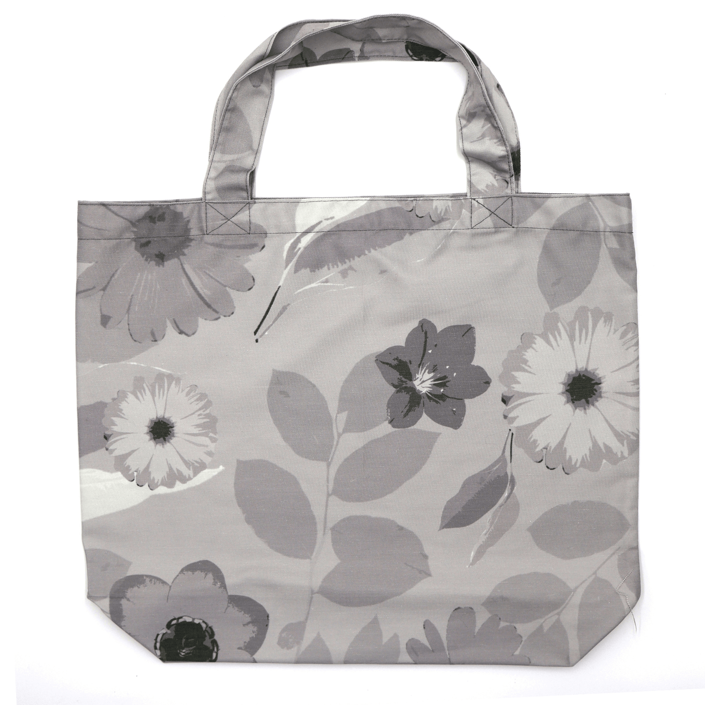 A big, beautiful tote bag with Daisy design in different tones of grey. High-quality material and finishes. Flat view.
