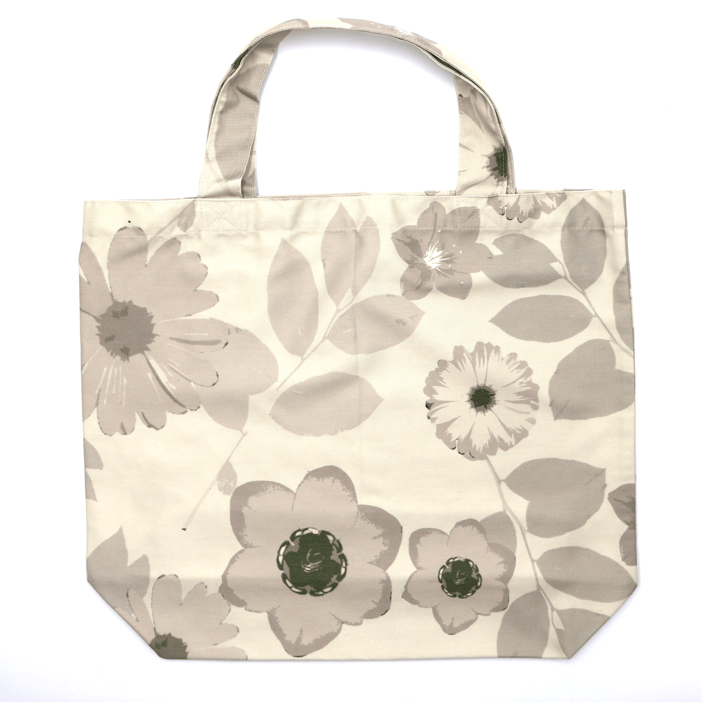A durable, designer tote bag in light and dark beige daisy floral tones. Flat view.