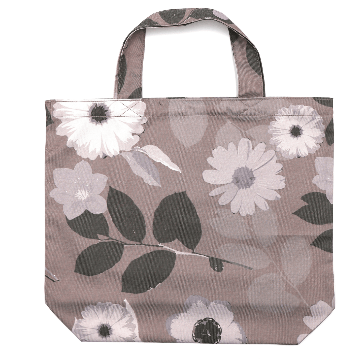 A dusky mauve tote bag with Daisy floral design. Durable and easy to clean. Flat view.