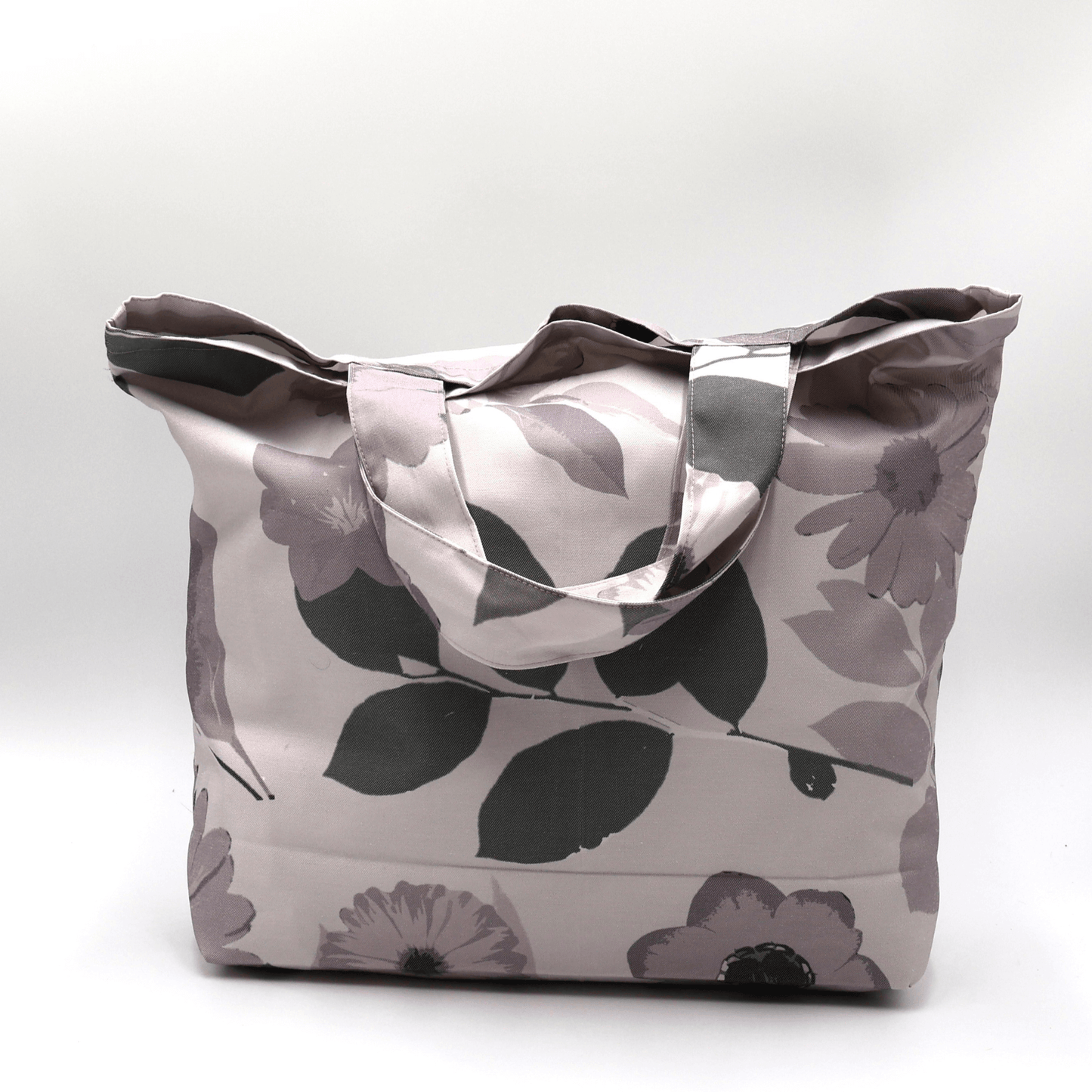 A beautiful, high-quality tote bag with a mauve and grey Daisy floral design.