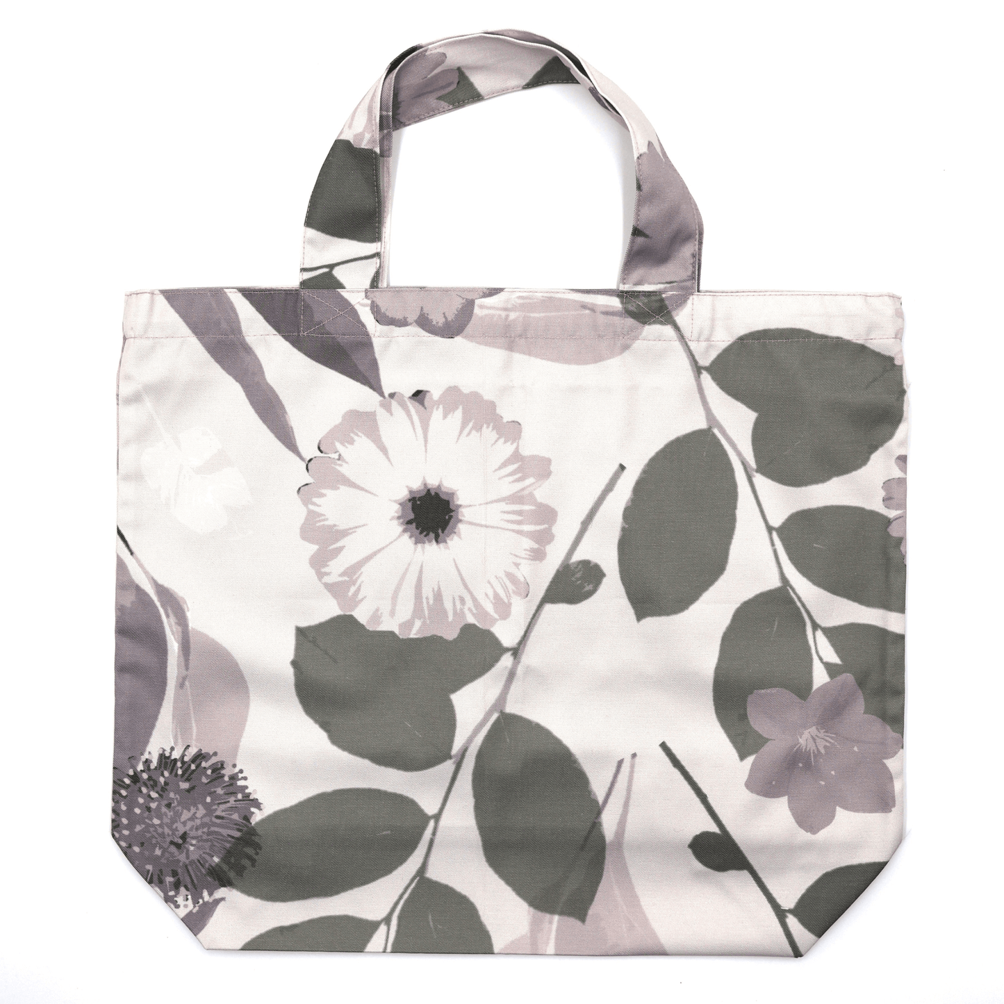 A beautiful, high-quality tote bag with a mauve and grey Daisy floral design. Flat view