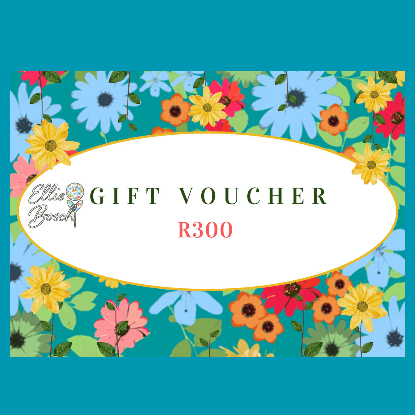 Gift card with bright daisy floral design on blue background.
