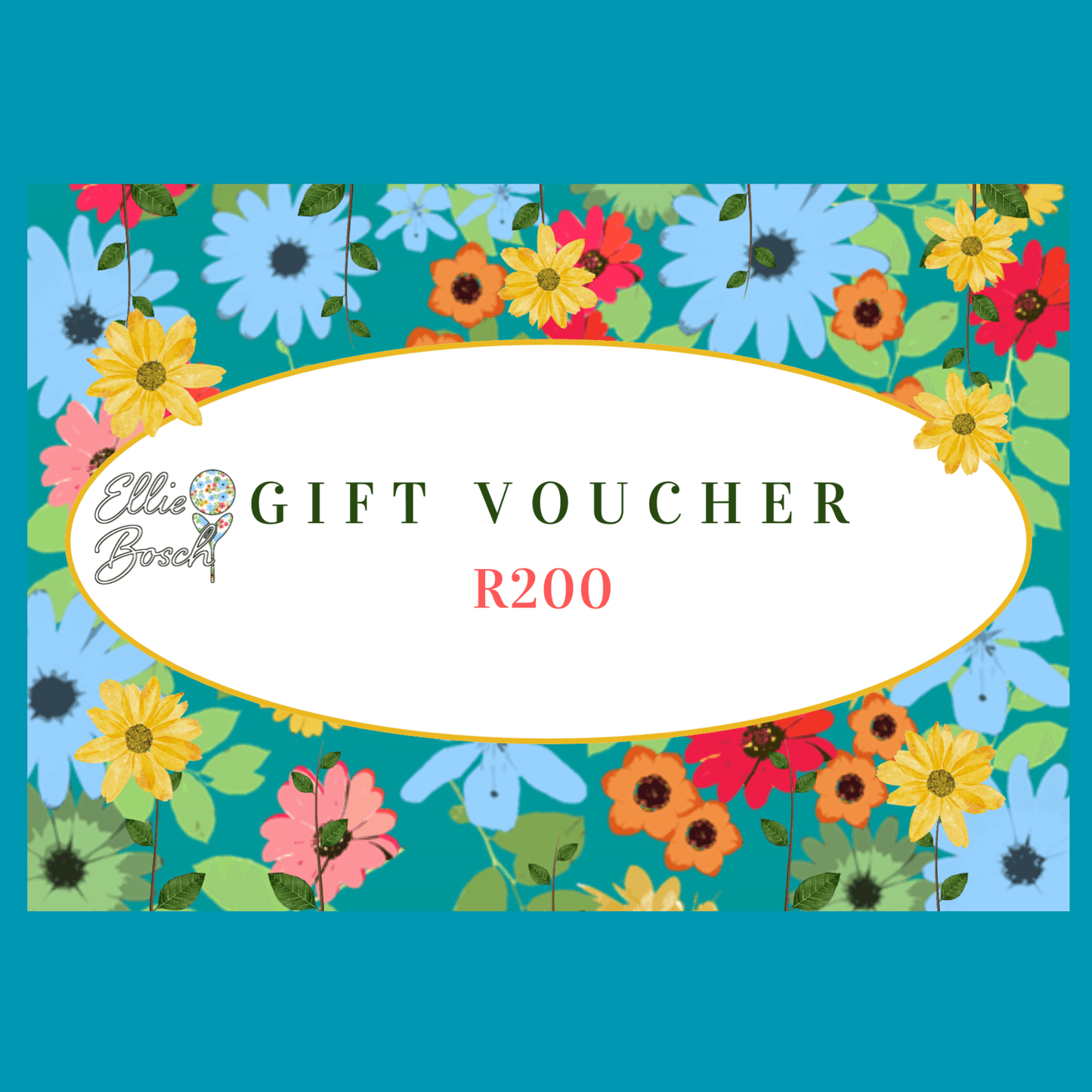 Gift card with bright daisy floral design on blue background.