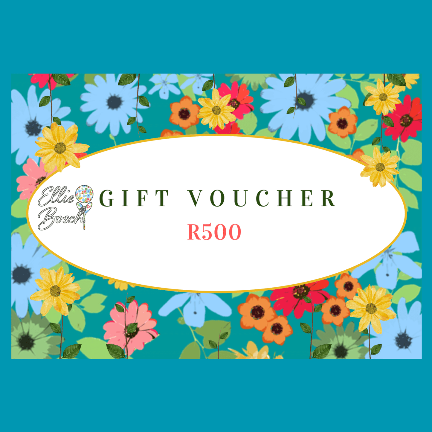 Gift card with bright daisy floral design on blue background.