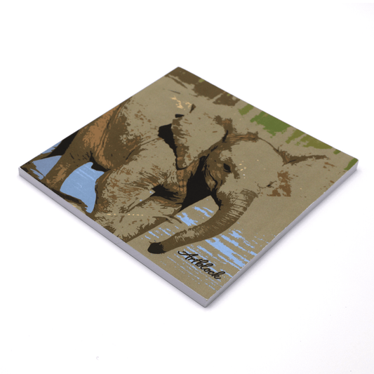 Square art pad with baby elephant design on light blue background.