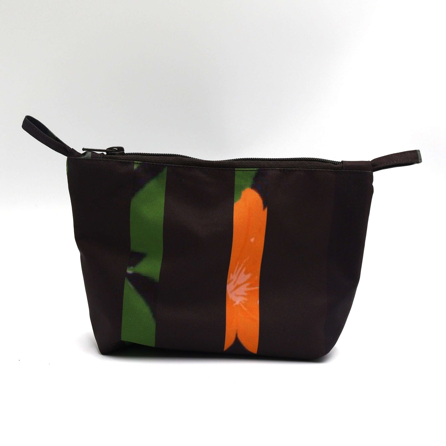 Dark brown/black makeup bag with white colorful floral, stripe design, perfect for organizing beauty products.
