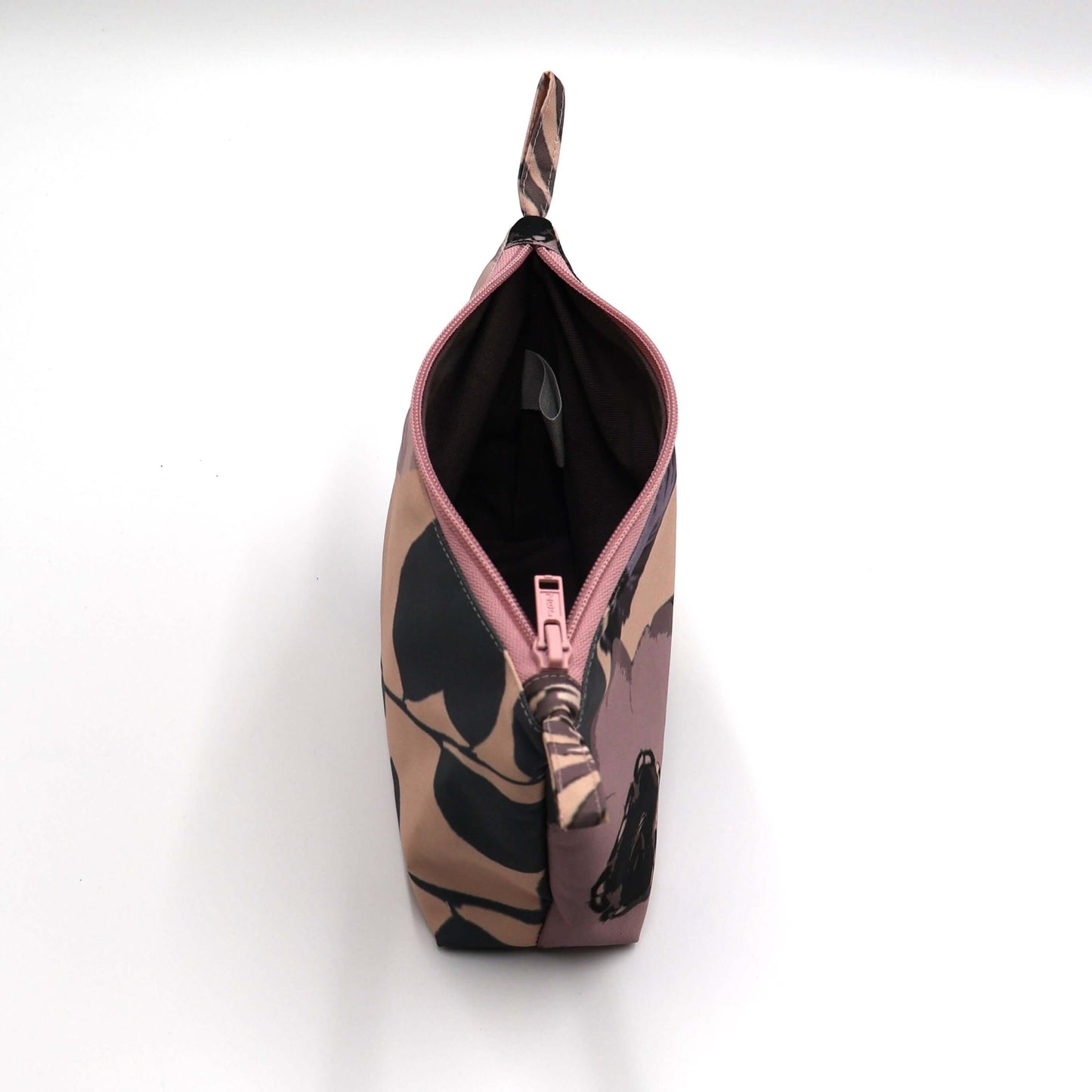 Dusky Pink and dark grey daisy makeup bag, floral design, perfect for organizing beauty products. Top view. Open zipper.