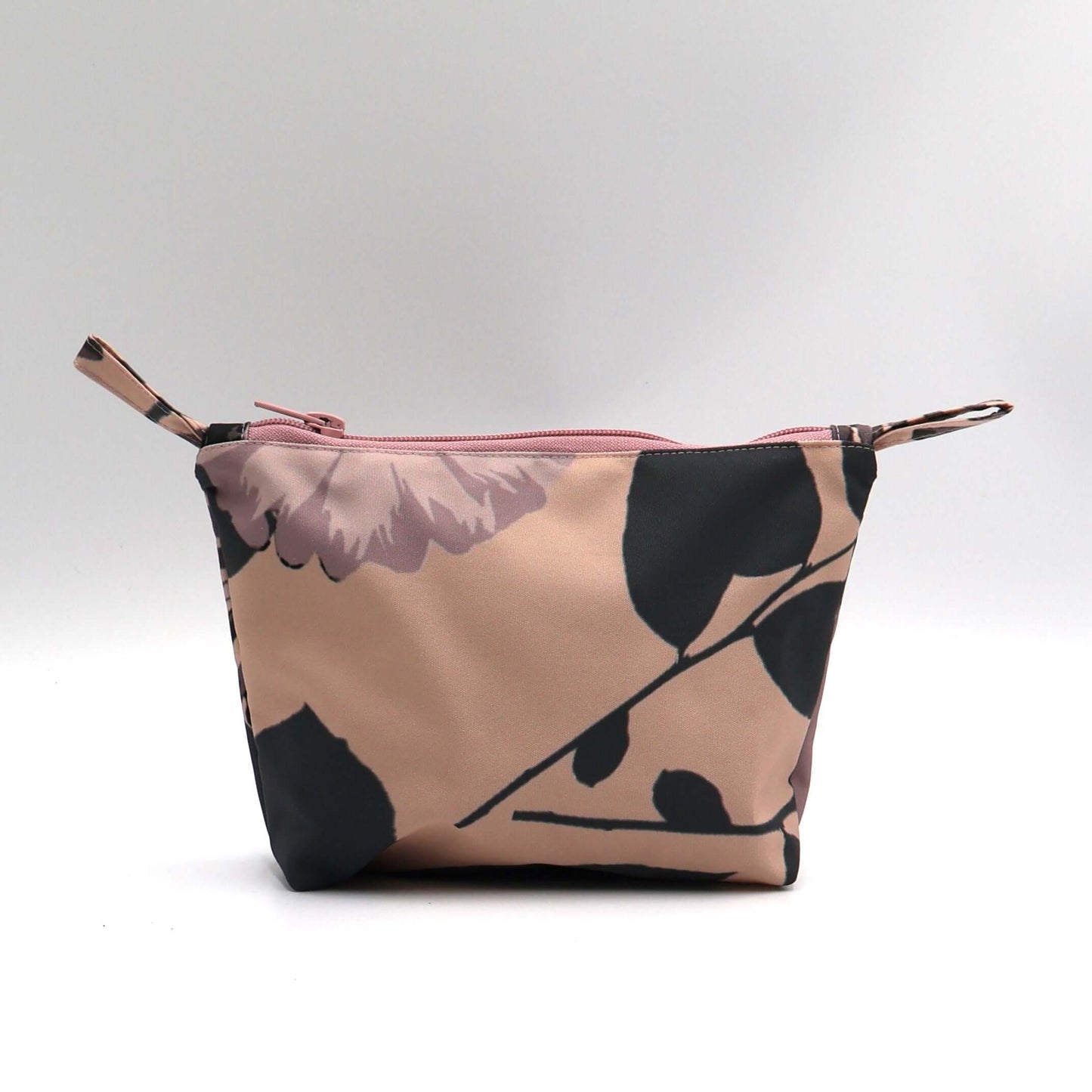 Dusky Pink and dark grey daisy makeup bag, floral design, perfect for organizing beauty products.