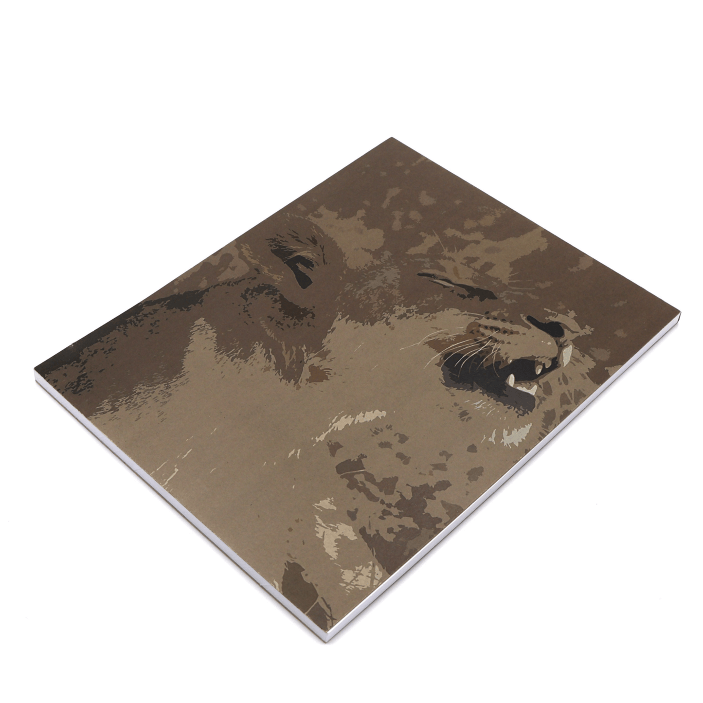 A4 Sketchpad with lioness in light brown and beige on a dark brown background.