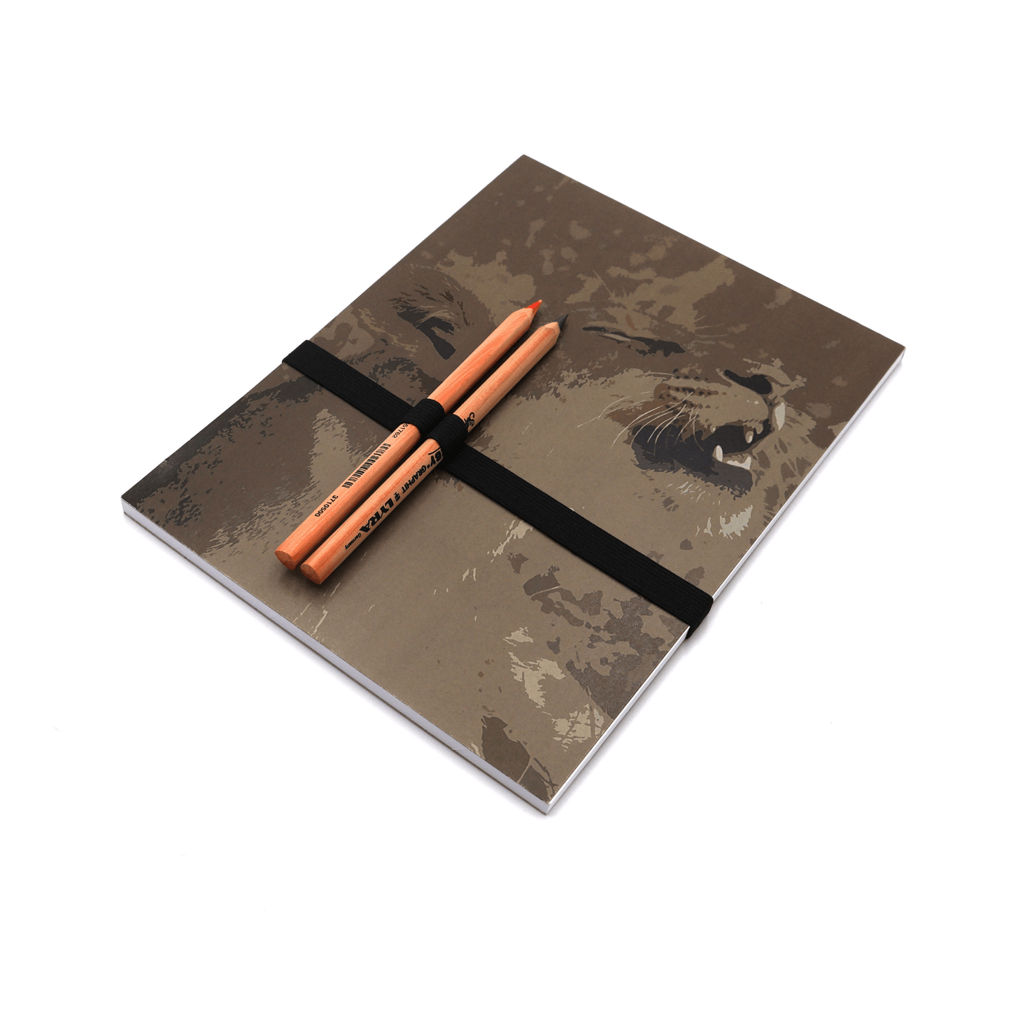 A4 Sketchpad with pencils and pencil holder with lioness in light brown and beige on a dark brown background.