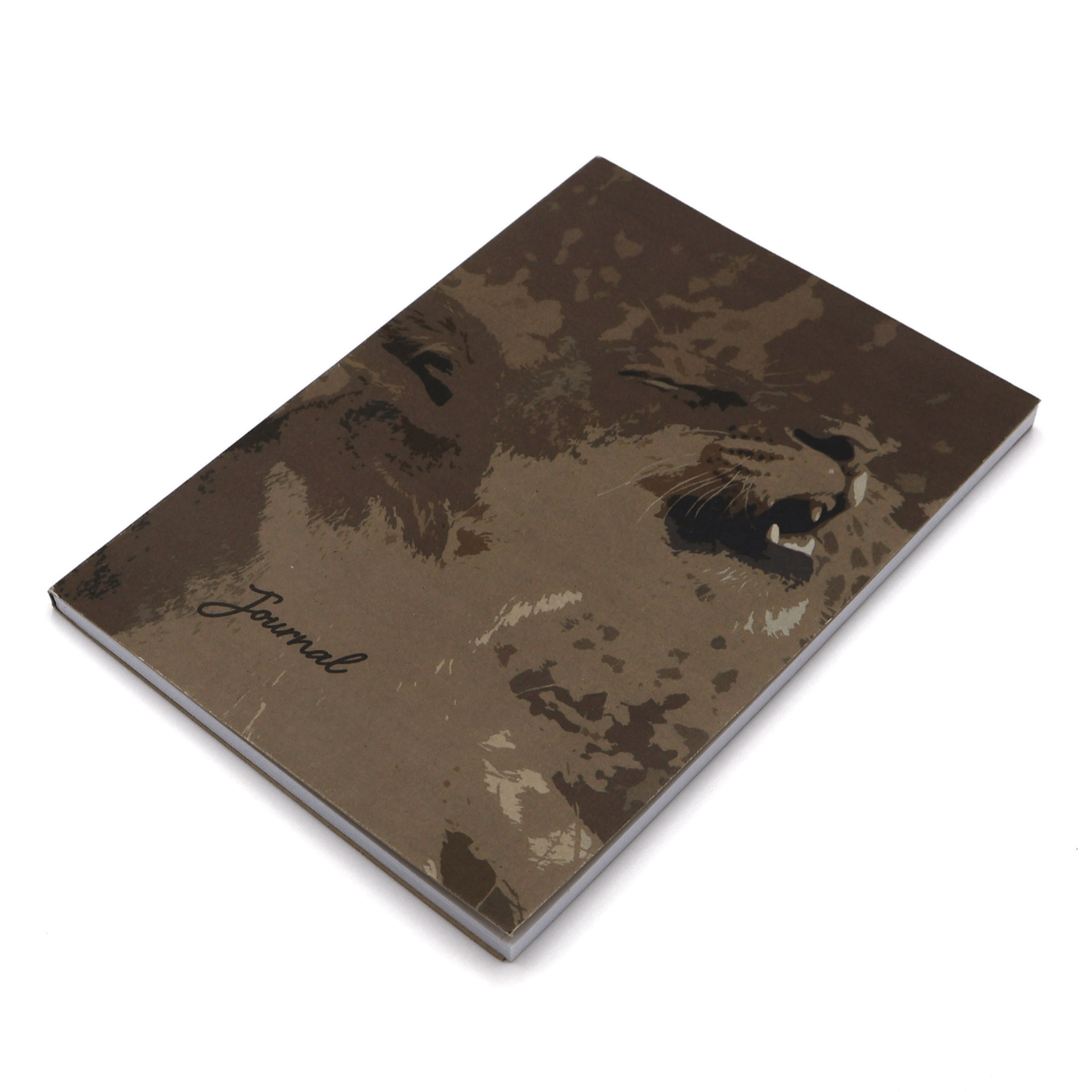 A5 Journal with lioness in light brown and beige on a dark brown background. Side binding.
