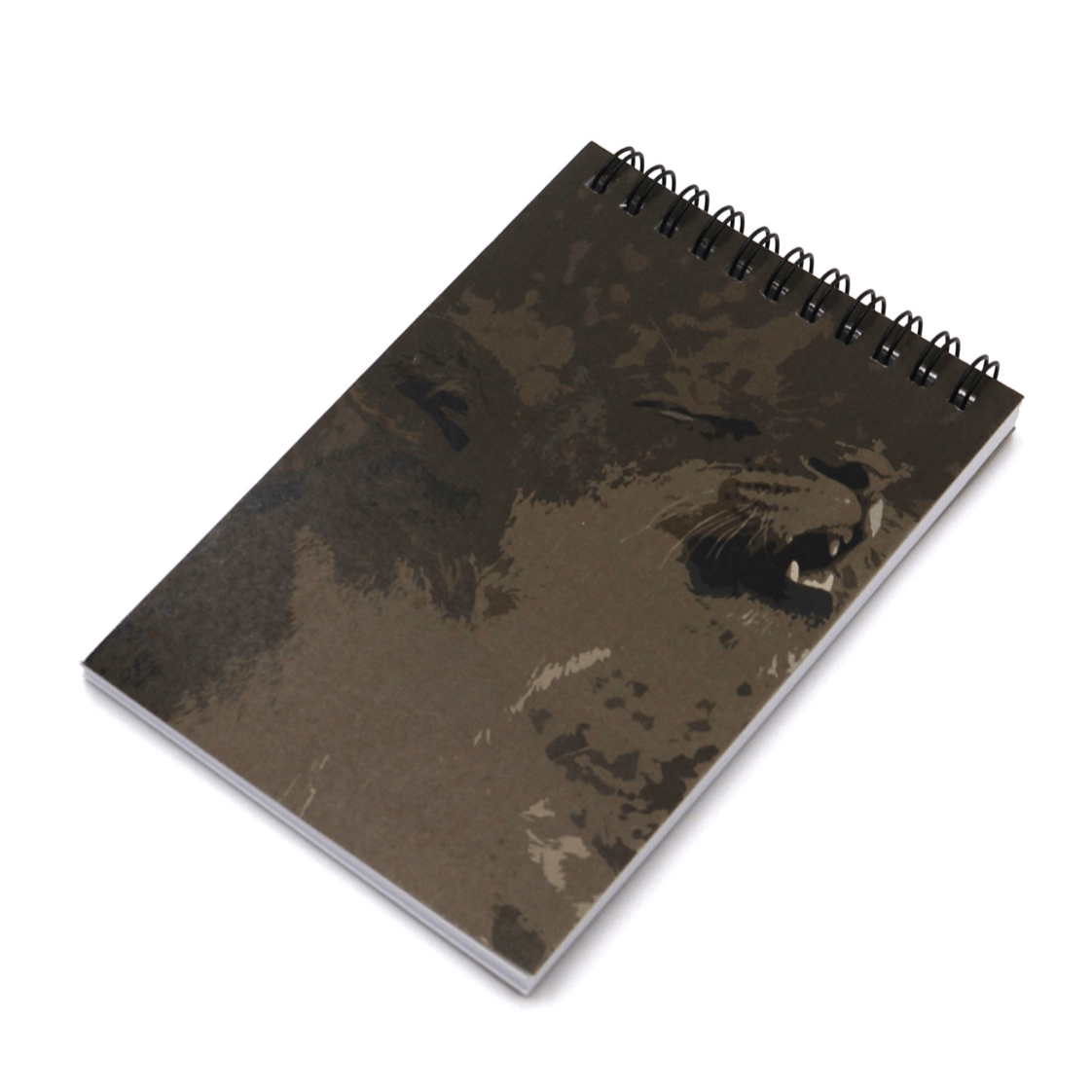 A6 Notebook with lioness in light brown and beige on a dark brown background. Side binding.