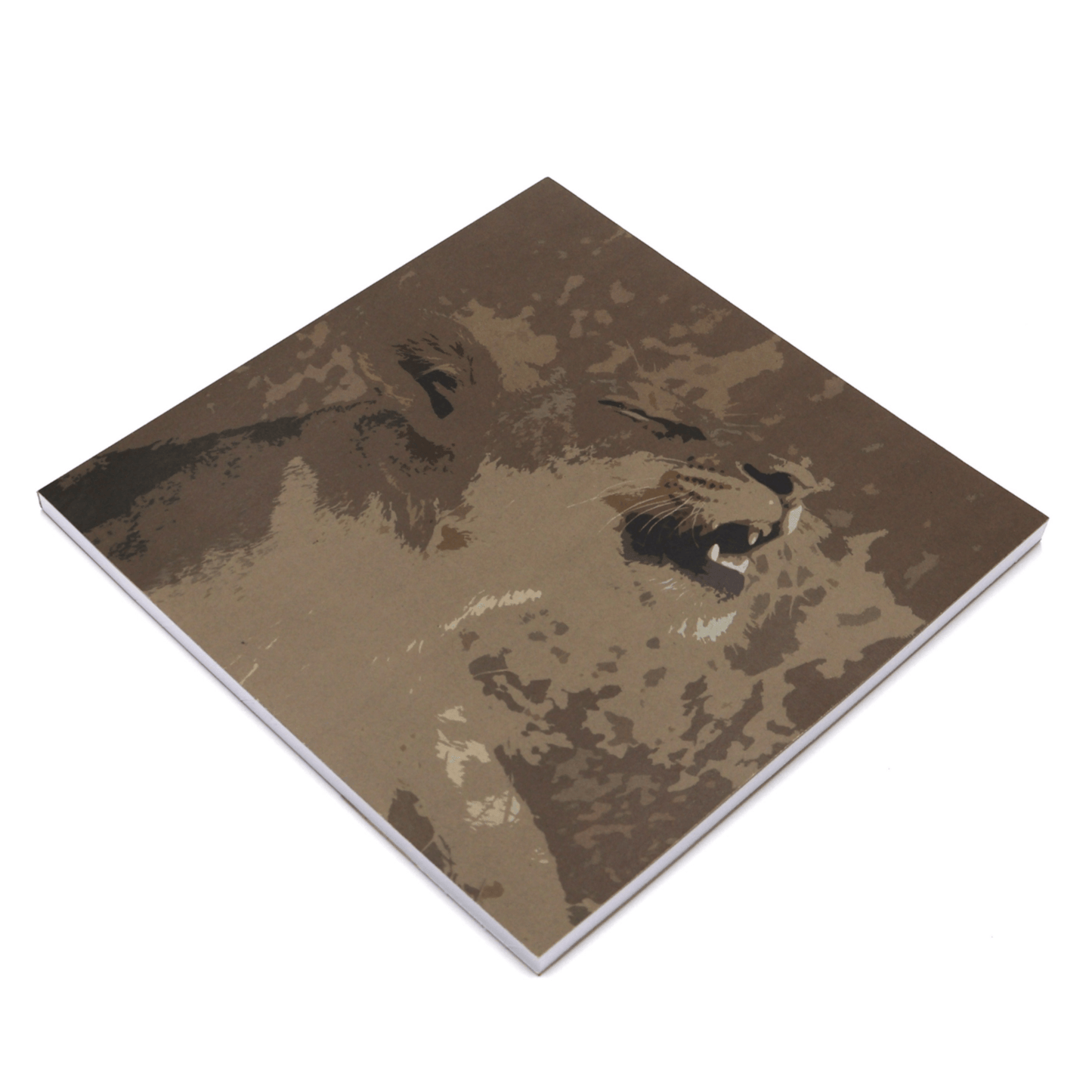 Square art pad with lioness in light brown and beige on a dark brown background. Side binding.