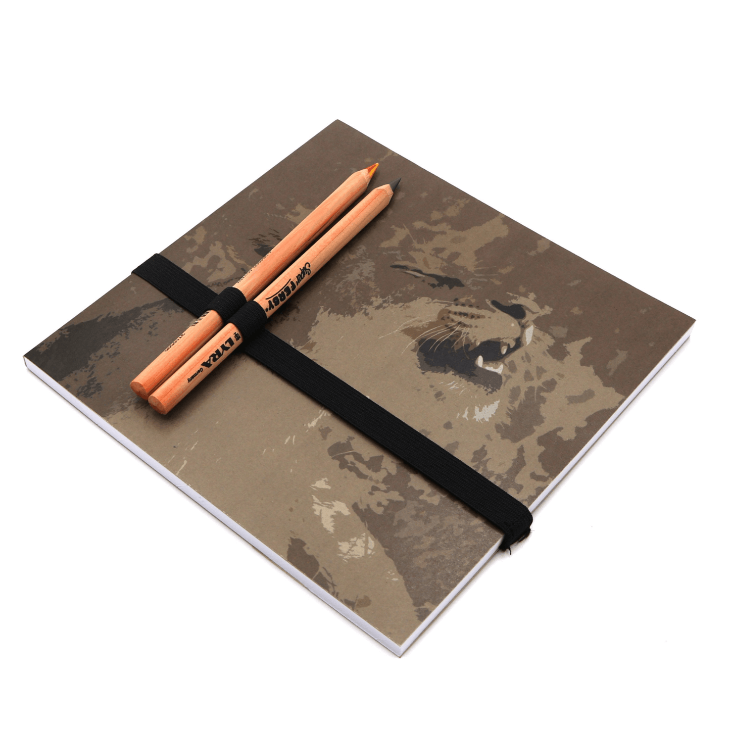 Square art pad with pencils and pencil holder with lioness in light brown and beige on a dark brown background. Side binding.