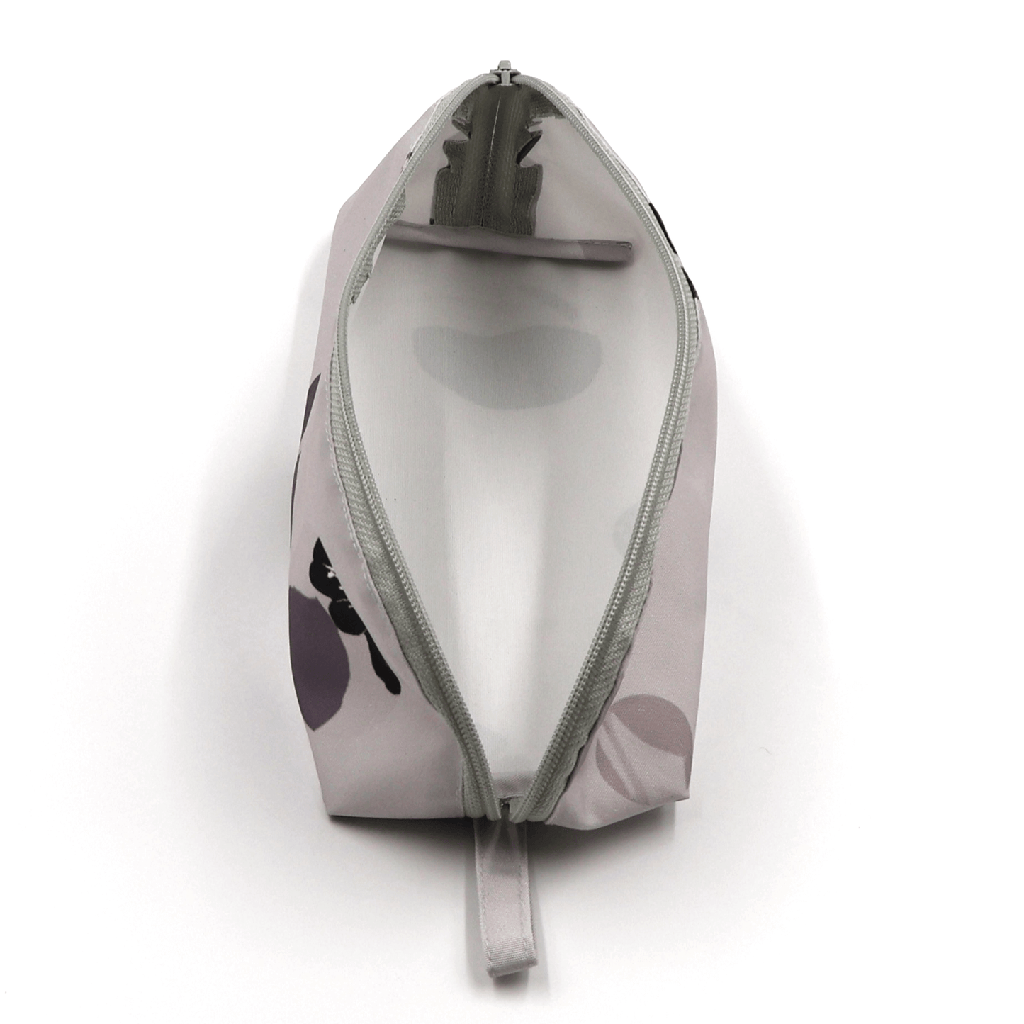 Pencil bag in soft mauve and dark grey daisy floral design on dusky mauve background. Open zipper.