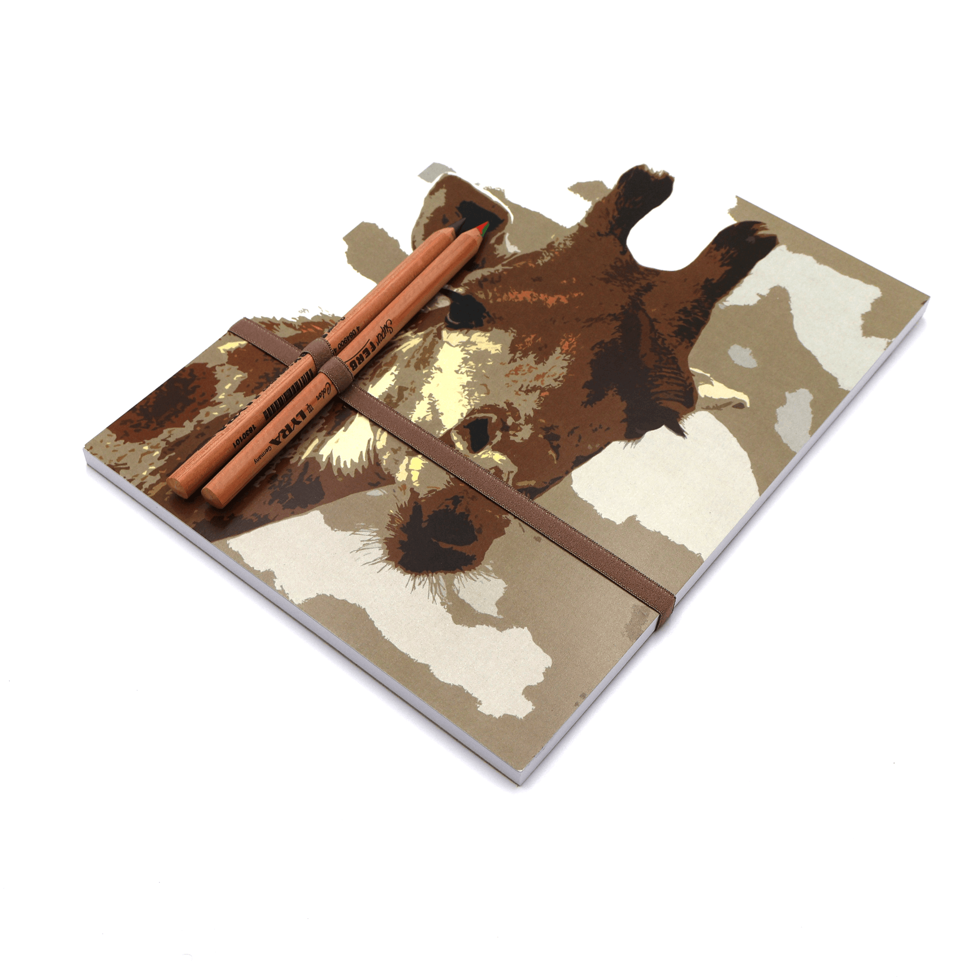 A4 Sketchpad with pencils and pencil holder with image of young giraffe in brown on a ivory background.