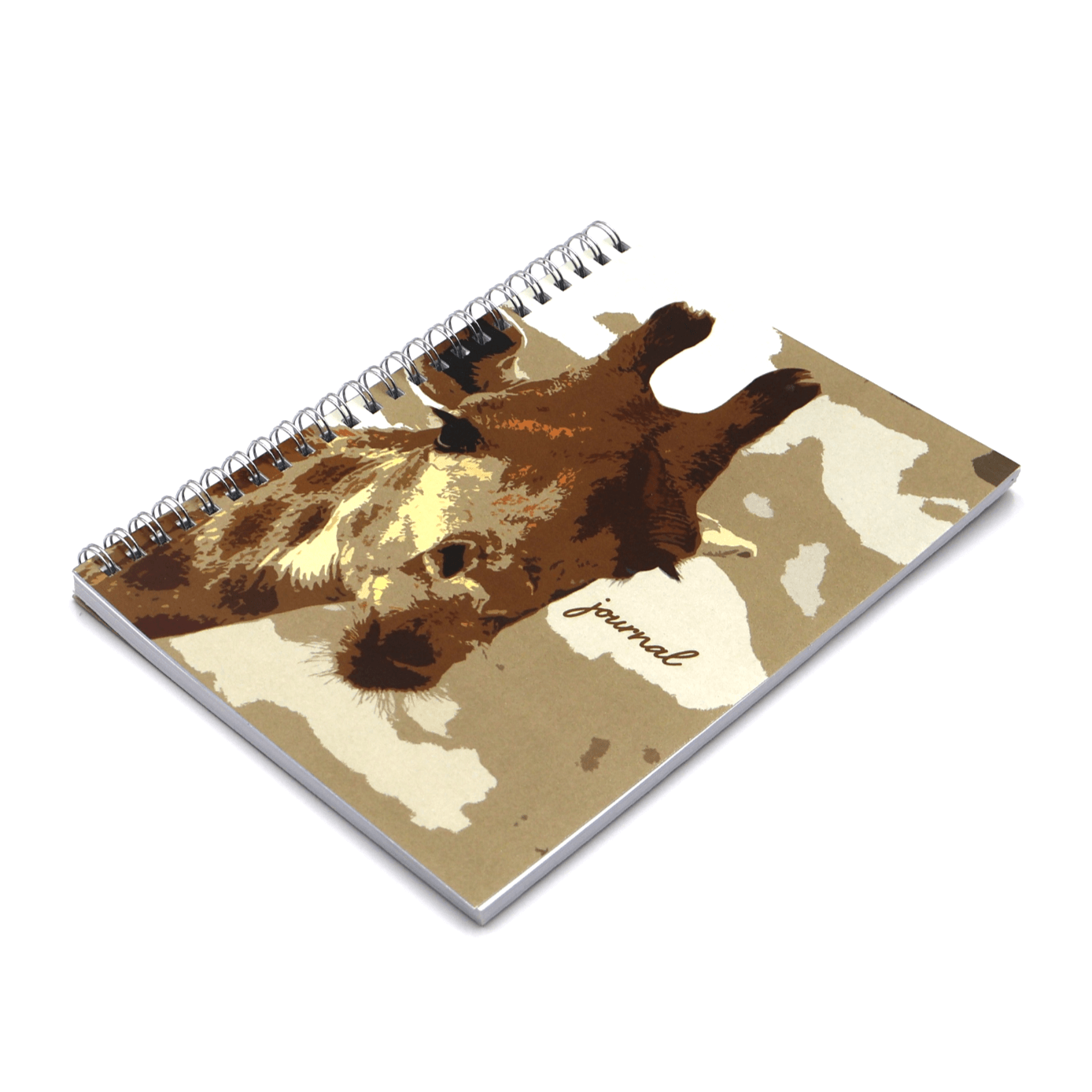 A5 Notebook with image of young giraffe in brown on a ivory background.