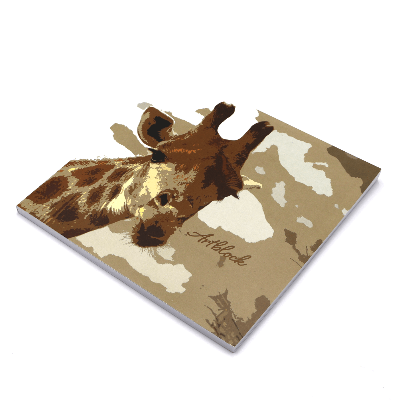 Square art pad with image of young giraffe in brown on a ivory background.